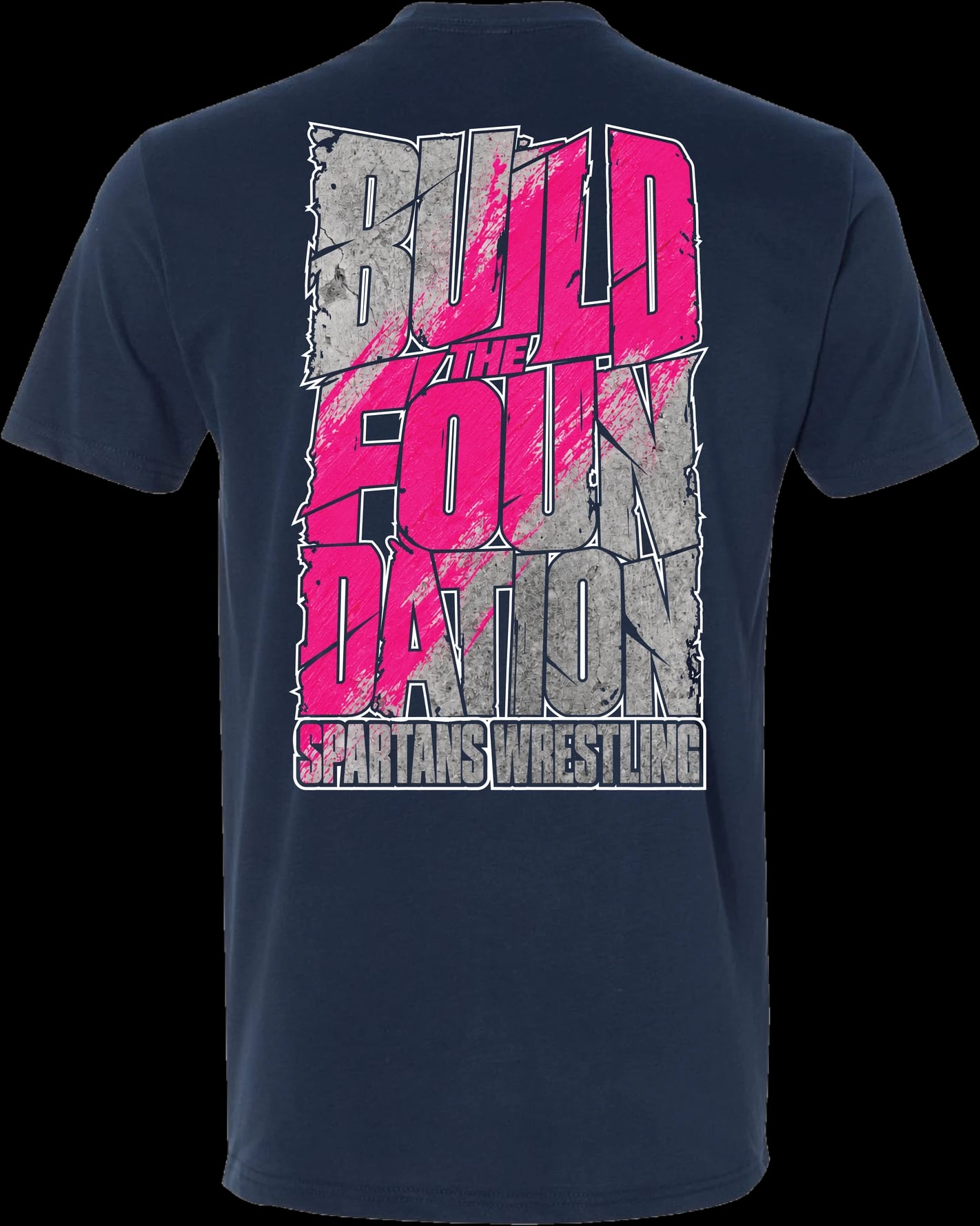 Foundation Splatter tee, back: Large “Build the Foundation, Spartans Wrestling” in gray and pink splatter art