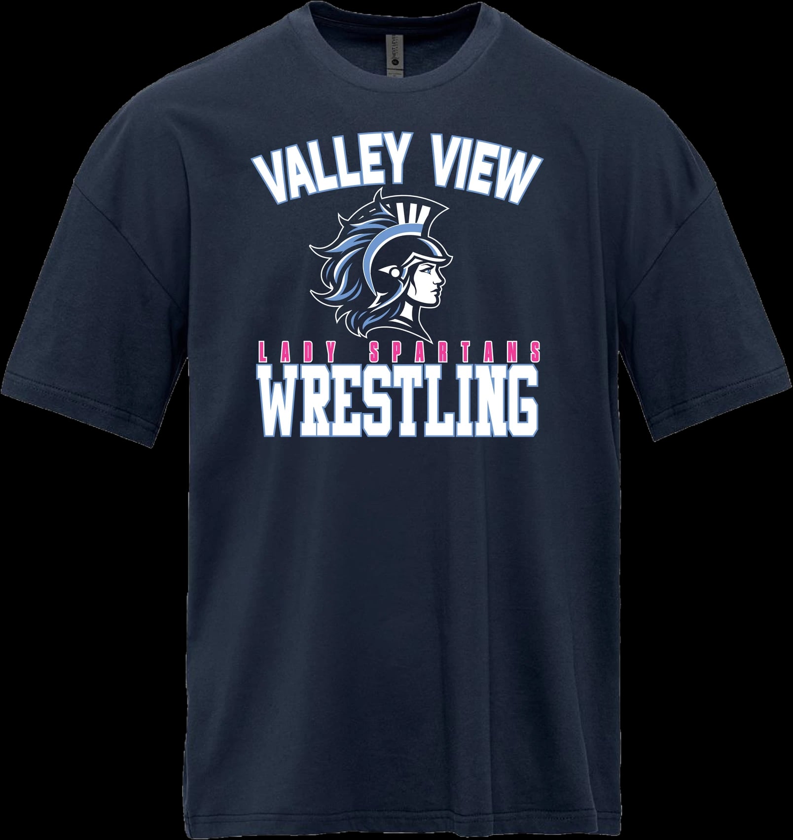 VV Wrestling design on a navy heavyweight tee: “Valley View Lady Spartans Wrestling” around the Spartan mascot